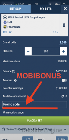 Utilização de um código promocional em 1xbet app